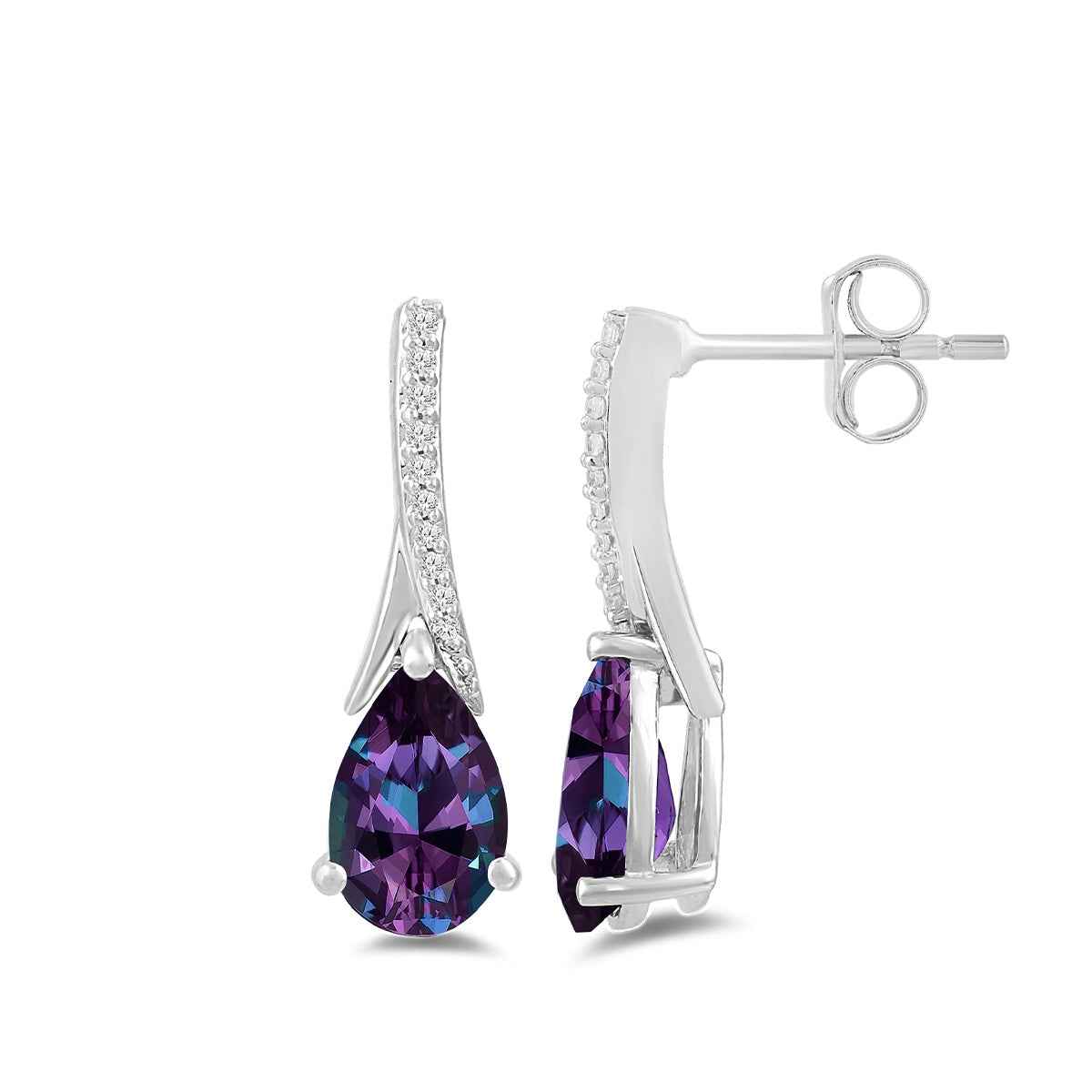 Pear Created Alexandrite & Diamond Accent Dangle Earrings in 10K White Gold front view
