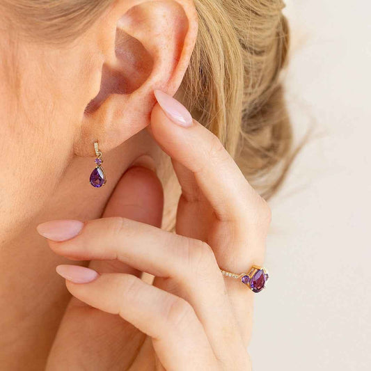 Pear & Round Amethyst & Diamond Accent Ring in 10K Yellow Gold side profile