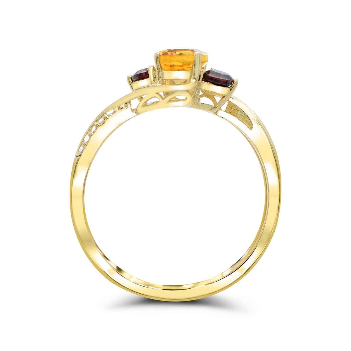 Oval Citrine & Round Garnet & Diamond Accent Ring in 10K Yellow Gold front view
