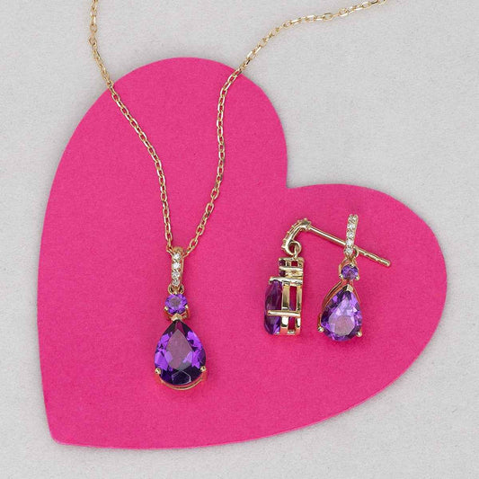Pear & Round Amethyst & Diamond Accent Dangle Earrings in 10K Yellow Gold side profile