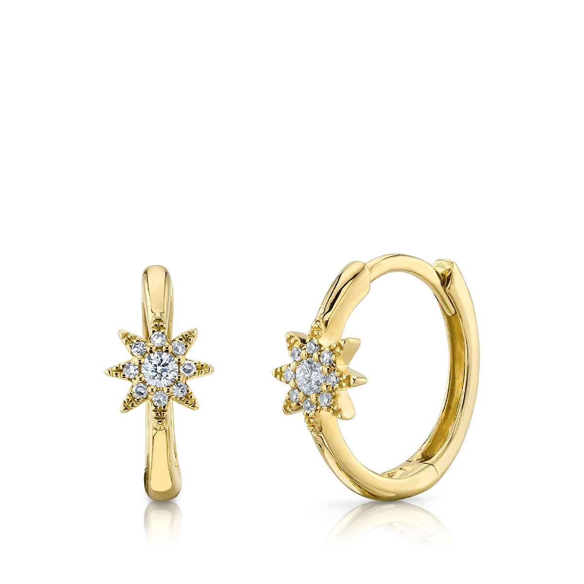Shy Creation 1/10 ct. tw. Diamond Starburst Huggie Hoop Earrings in 14K Yellow Gold