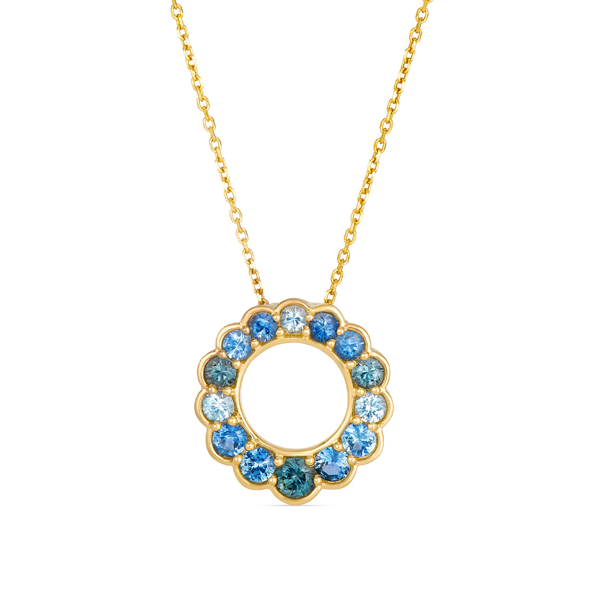 14K Honey Gold Le Vian Montana sapphire open circle pendant in mixed blue hues