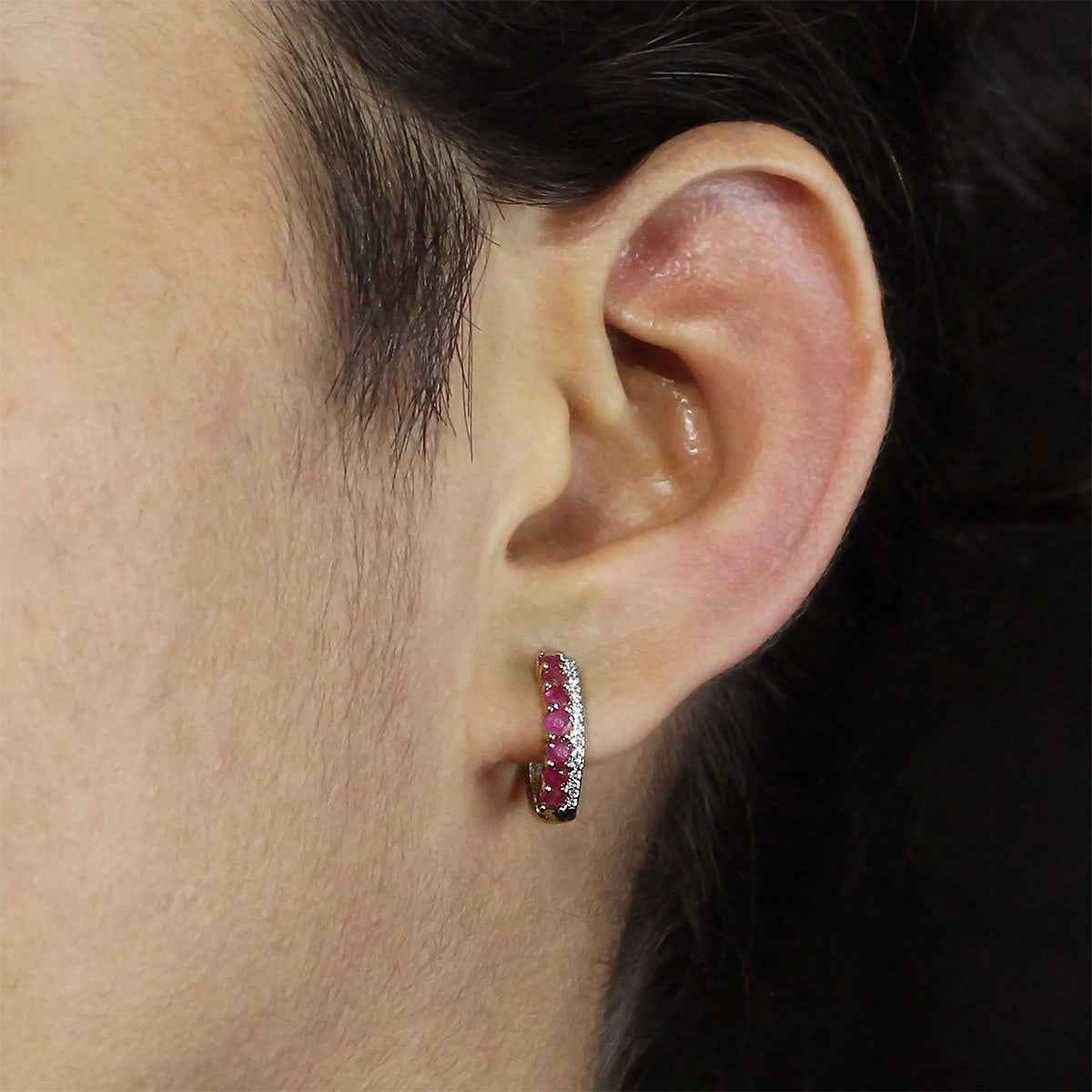 Ruby & Diamond Accent Hoop Earrings in 10K Yellow Gold