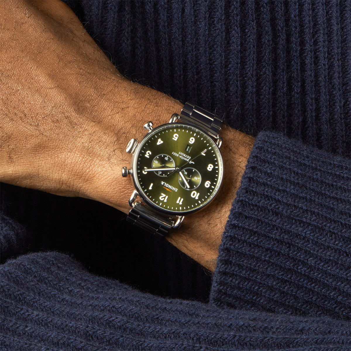 stainless steel men's Shinola Canfield quartz watch with green dial