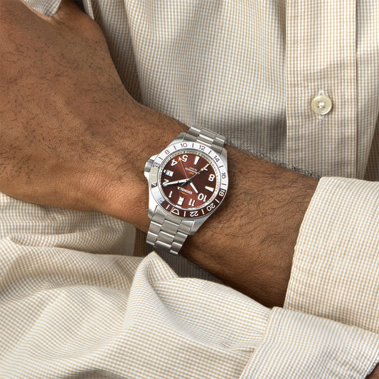 stainless steel men's Shinola Monster automatic watch with brown dial