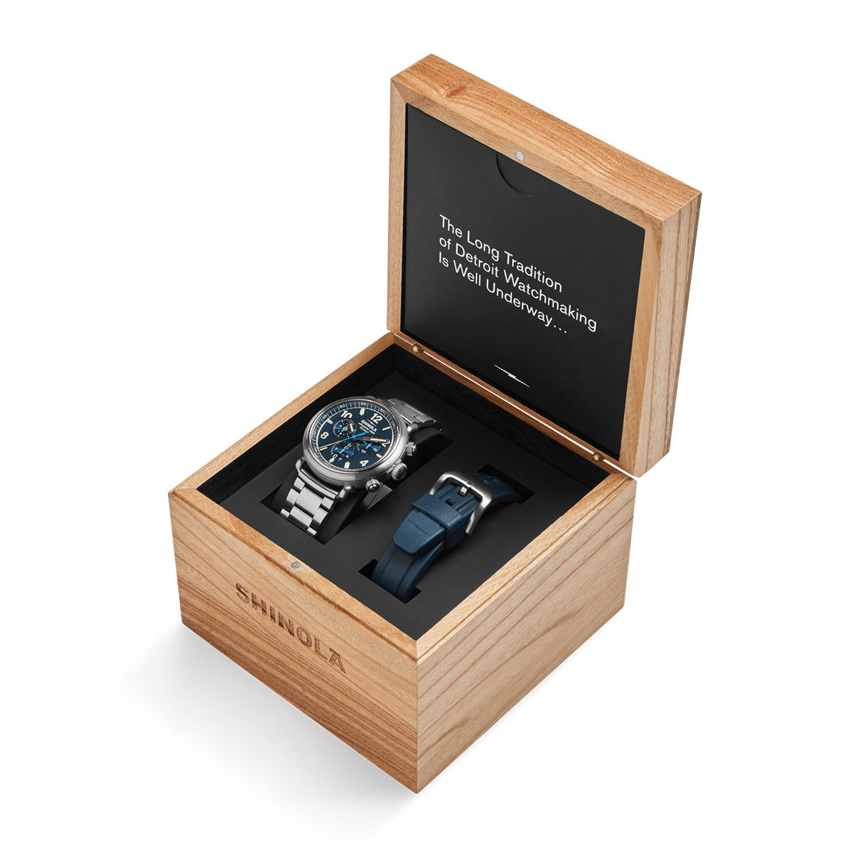 titanium men's Shinola Runwell quartz watch with blue dial