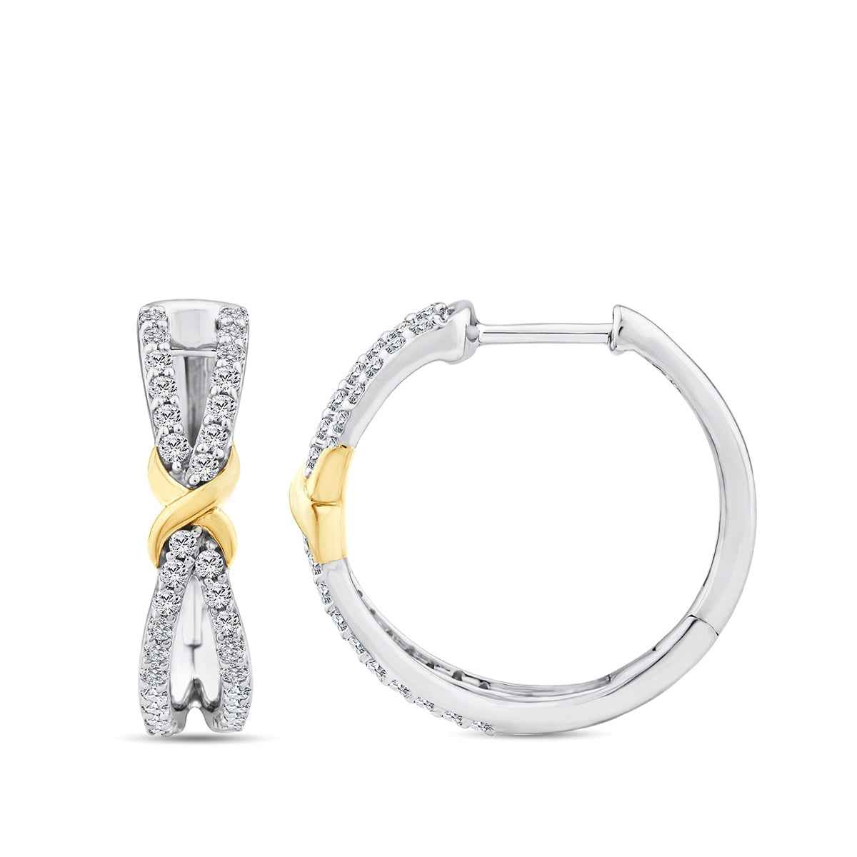 Infinite Love 3/8 ct. tw. Diamond Infinity Hoop Earrings in Sterling Silver & 10K Yellow Gold front view