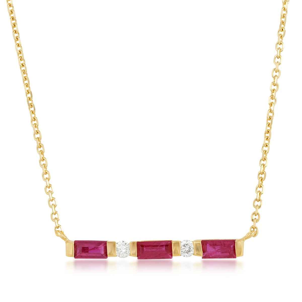Baguette Ruby & Diamond Accent Bar Necklace in 14K Yellow Gold