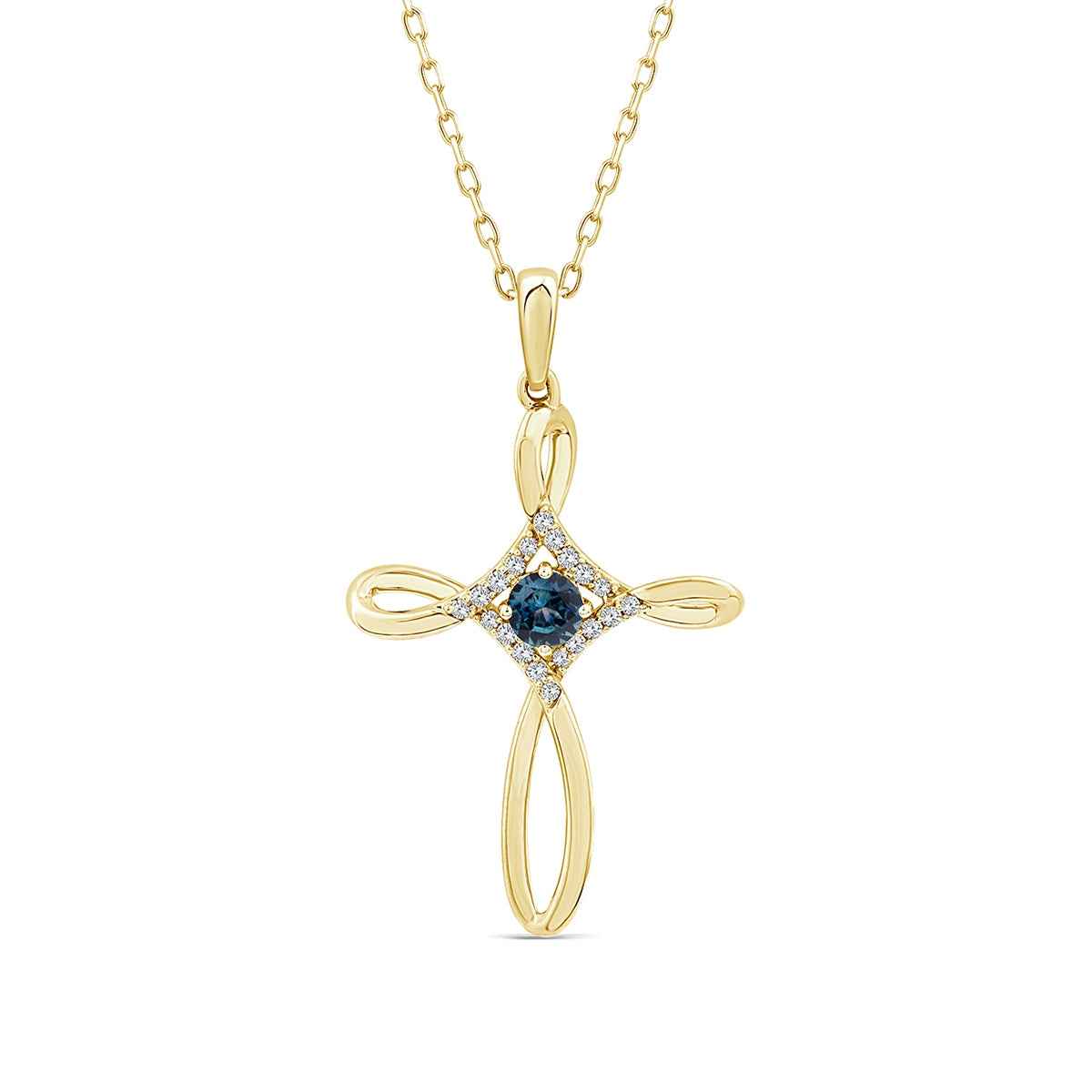 American Colors Round Montana Sapphire & Diamond Accent Loop Cross Pendant in 10K Yellow Gold