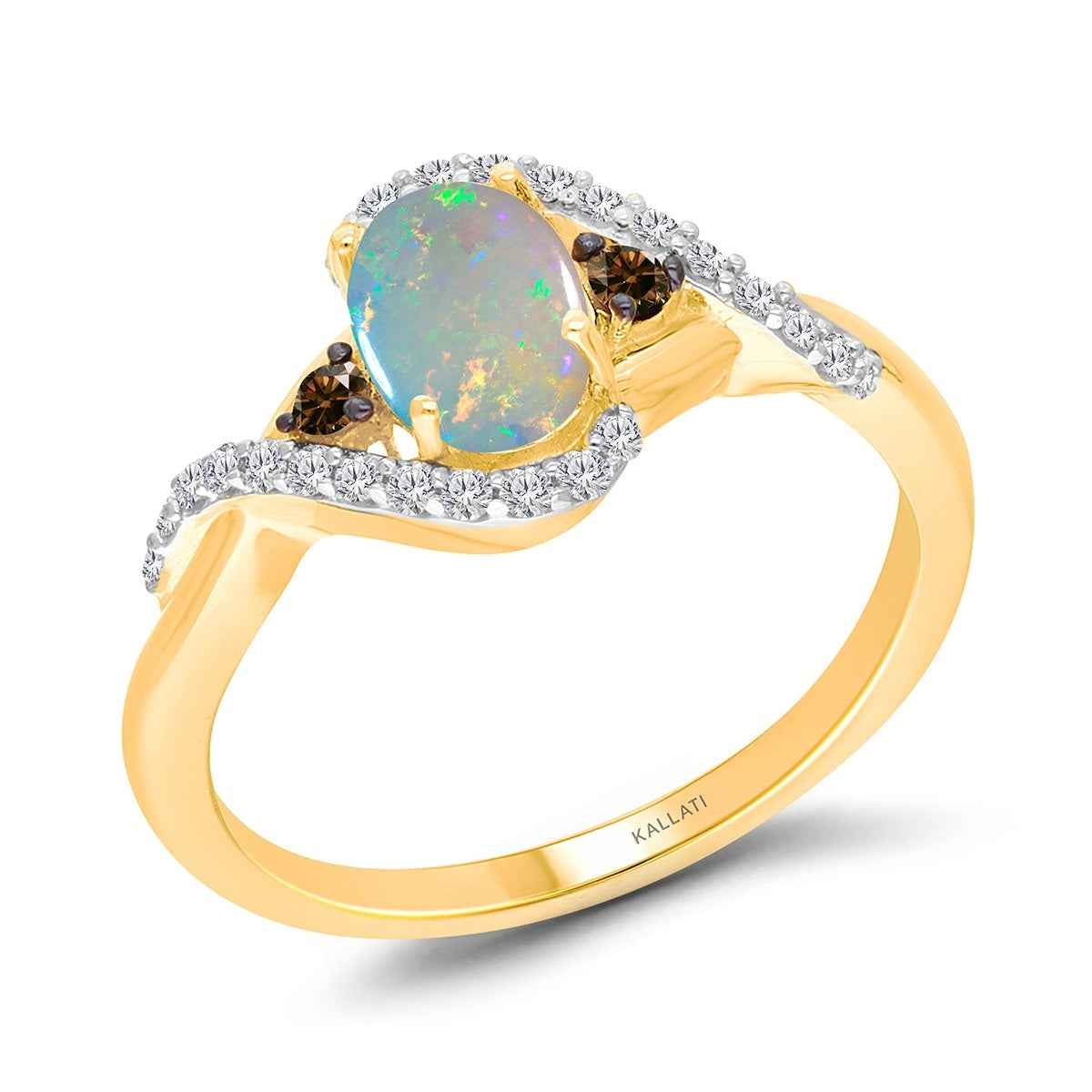 Kallati Oval Opal & 1/5 ct. tw. Mocha Diamond Ring in 14K Yellow Gold front view