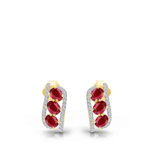 Kallati 3-Stone Oval Ruby & 1/5 ct. tw. Diamond Earrings in 14K Yellow Gold front view
