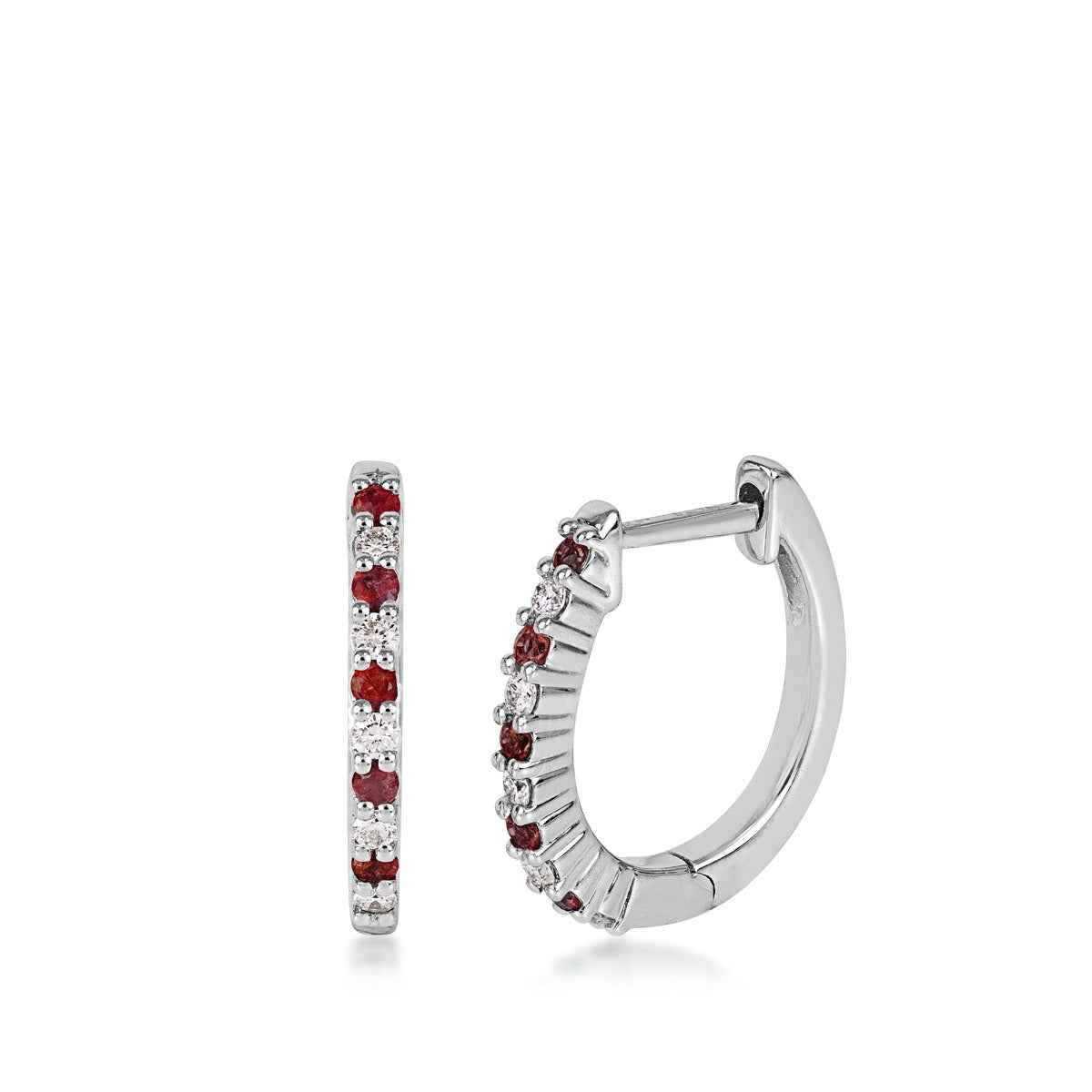 Round Ruby & 1/8 ct. tw. Diamond Hoop Earrings in 14K White Gold