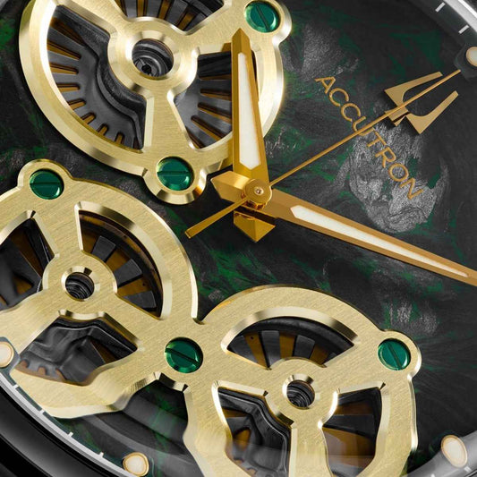 Accutron Men's Spaceview Evolution Automatic Black Stainless Steel Watch with Green Dial & Leather Strap side profile