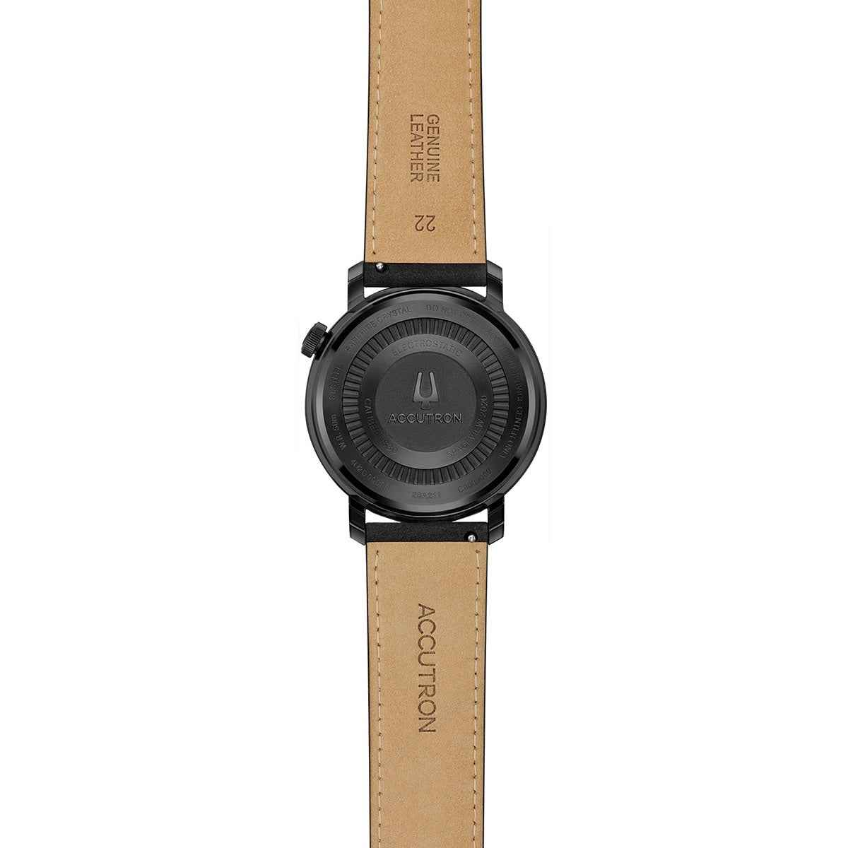 Accutron Men's Spaceview Evolution Automatic Black Stainless Steel Watch with Black Dial & Leather Strap close-up detail