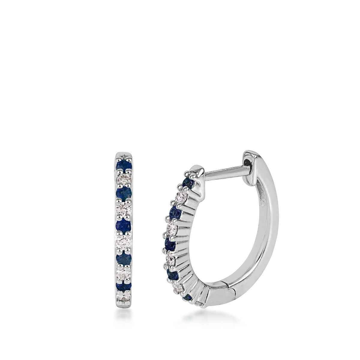 Round Sapphire & 1/8 ct. tw. Diamond Hoop Earrings in 14K White Gold