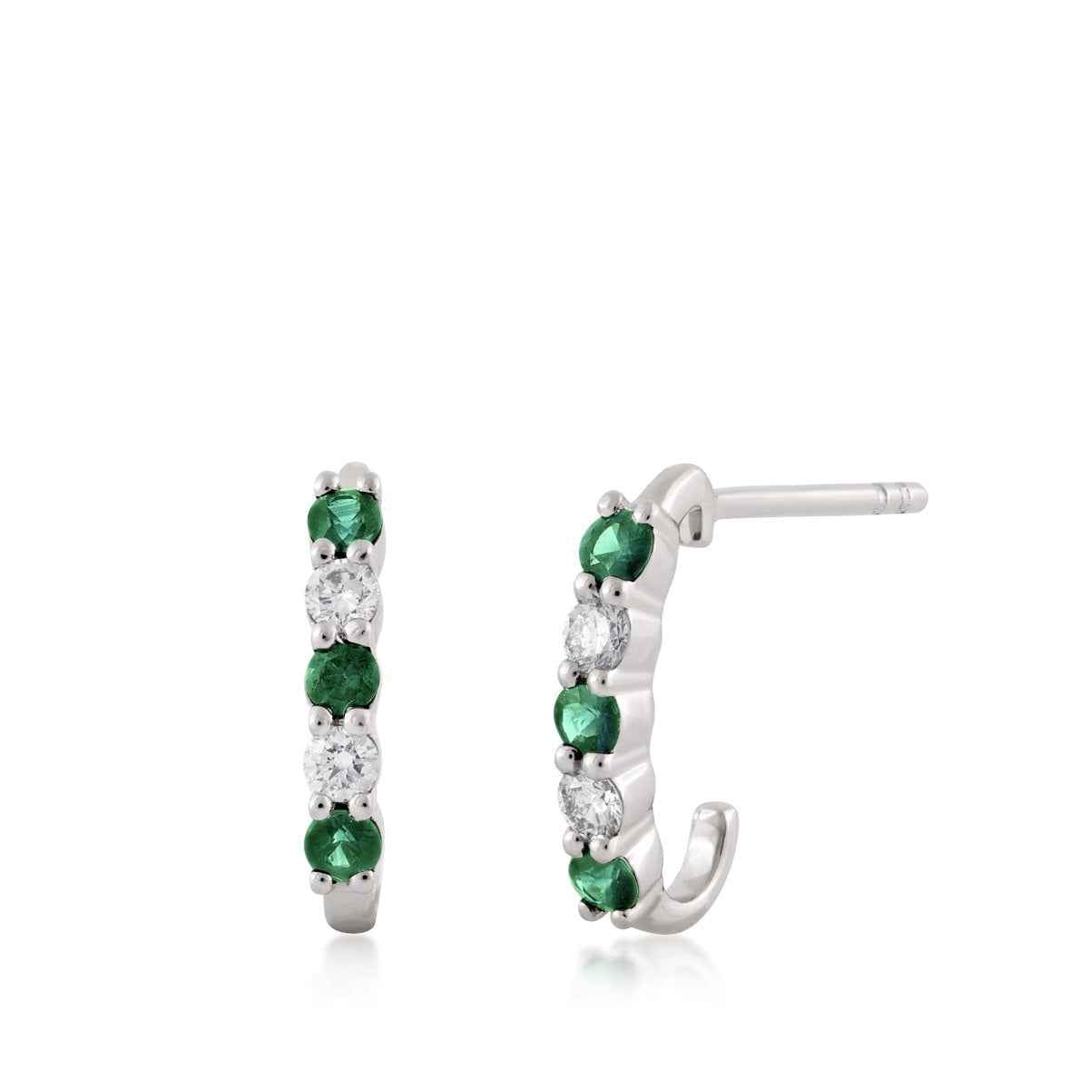 Round Emerald & 1/4 ct. tw. Diamond J Hoop Earrings in 14K White Gold