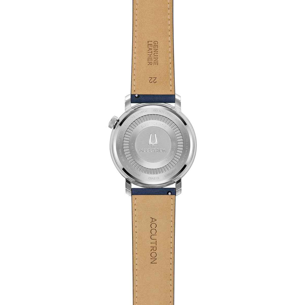 Accutron Men's Spaceview Evolution Automatic Stainless Steel Watch with Blue Dial & Leather Strap close-up detail