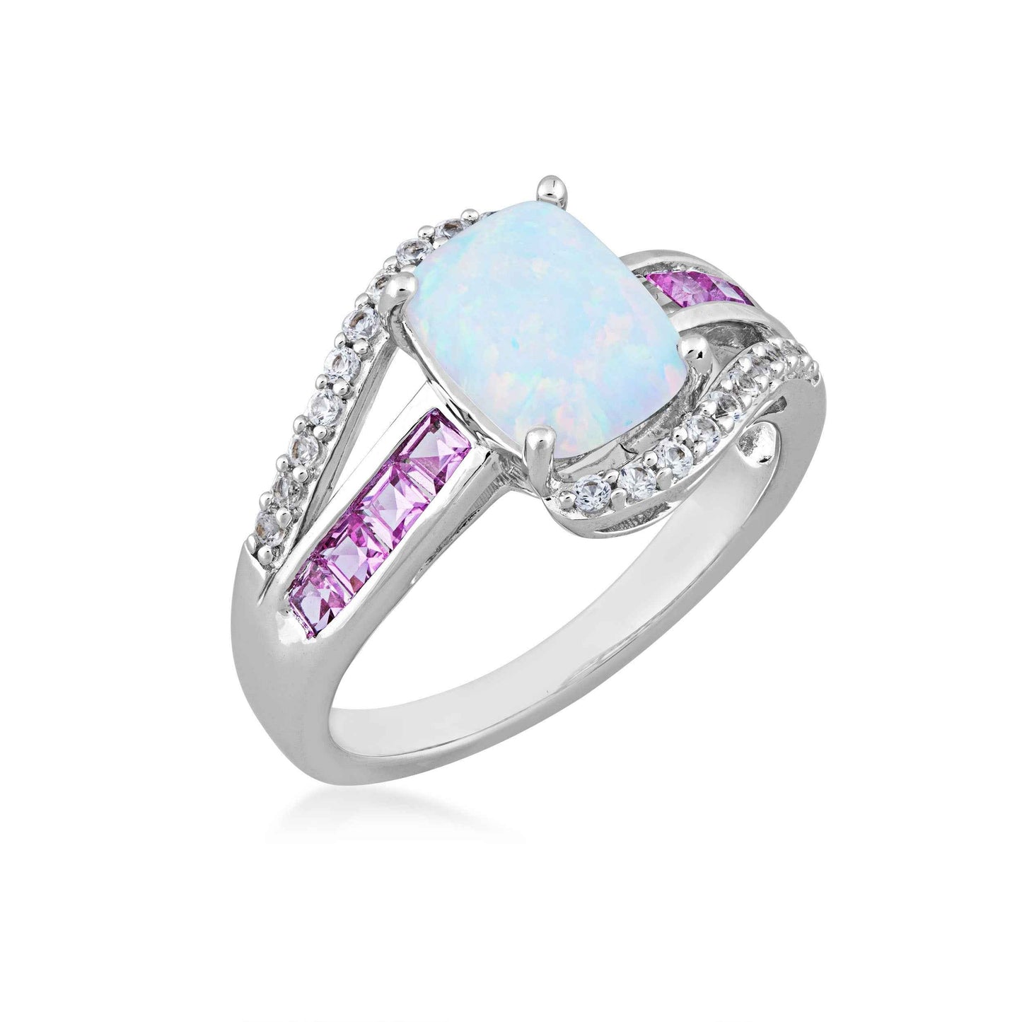 Created Cushion Cut Opal Fashion Ring with Square and Round Pink Sapphires in Sterling Silver front view