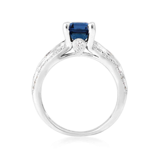 Square Yogo Sapphire & 5/8 ct. tw. Diamond Scalloped Ring in 14K White Gold close-up detail