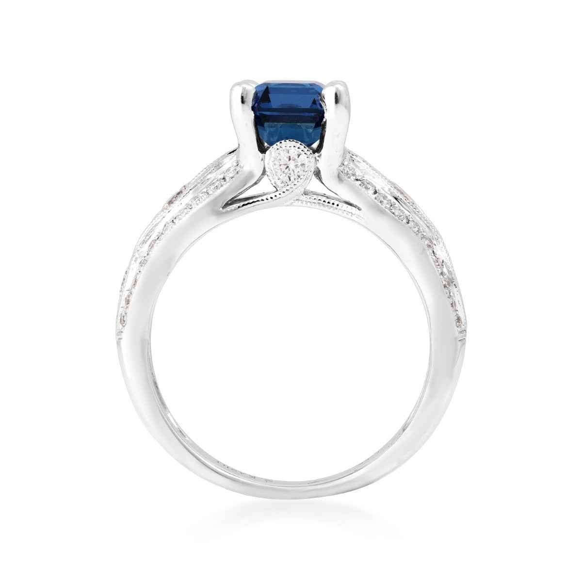 Square Yogo Sapphire & 5/8 ct. tw. Diamond Scalloped Ring in 14K White Gold close-up detail