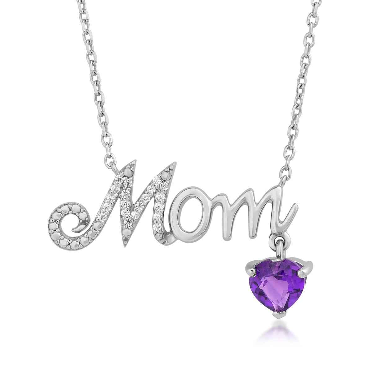 Heart Amethyst & Diamond Accent Mom Necklace in Sterling Silver