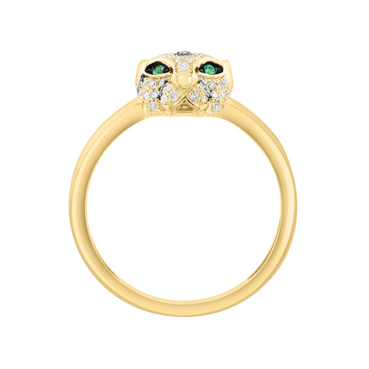 14K yellow gold white and mocha diamond emerald panther Effy ring