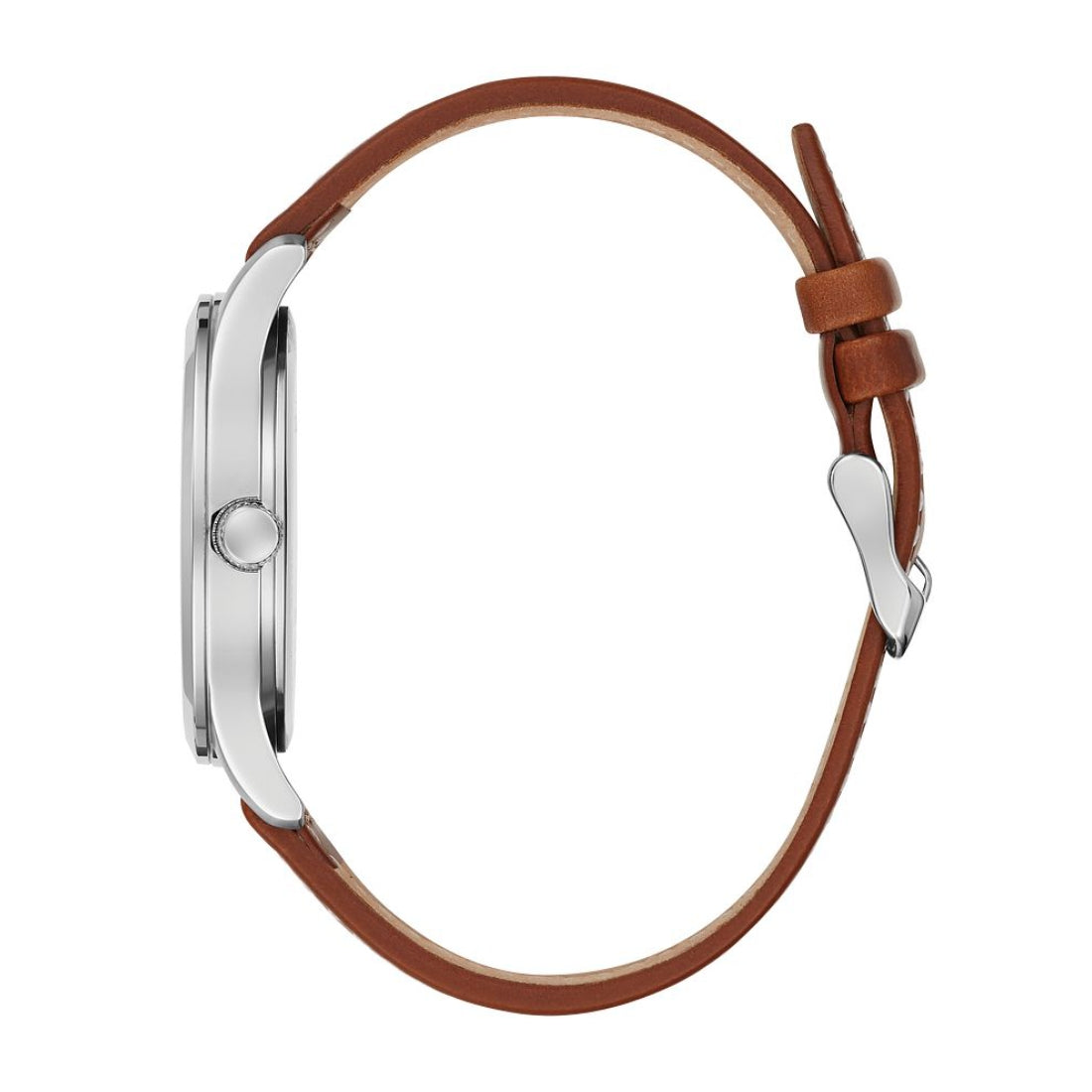 Caravelle Men's Traditional Stainless Steel Watch with Blue Dial & Brown Leather Strap front view
