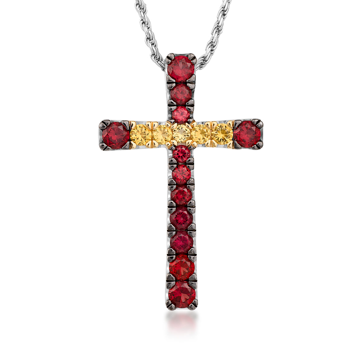 Sterling silver Collegiate Collection men's simulated red and yellow gemstone cross pendant