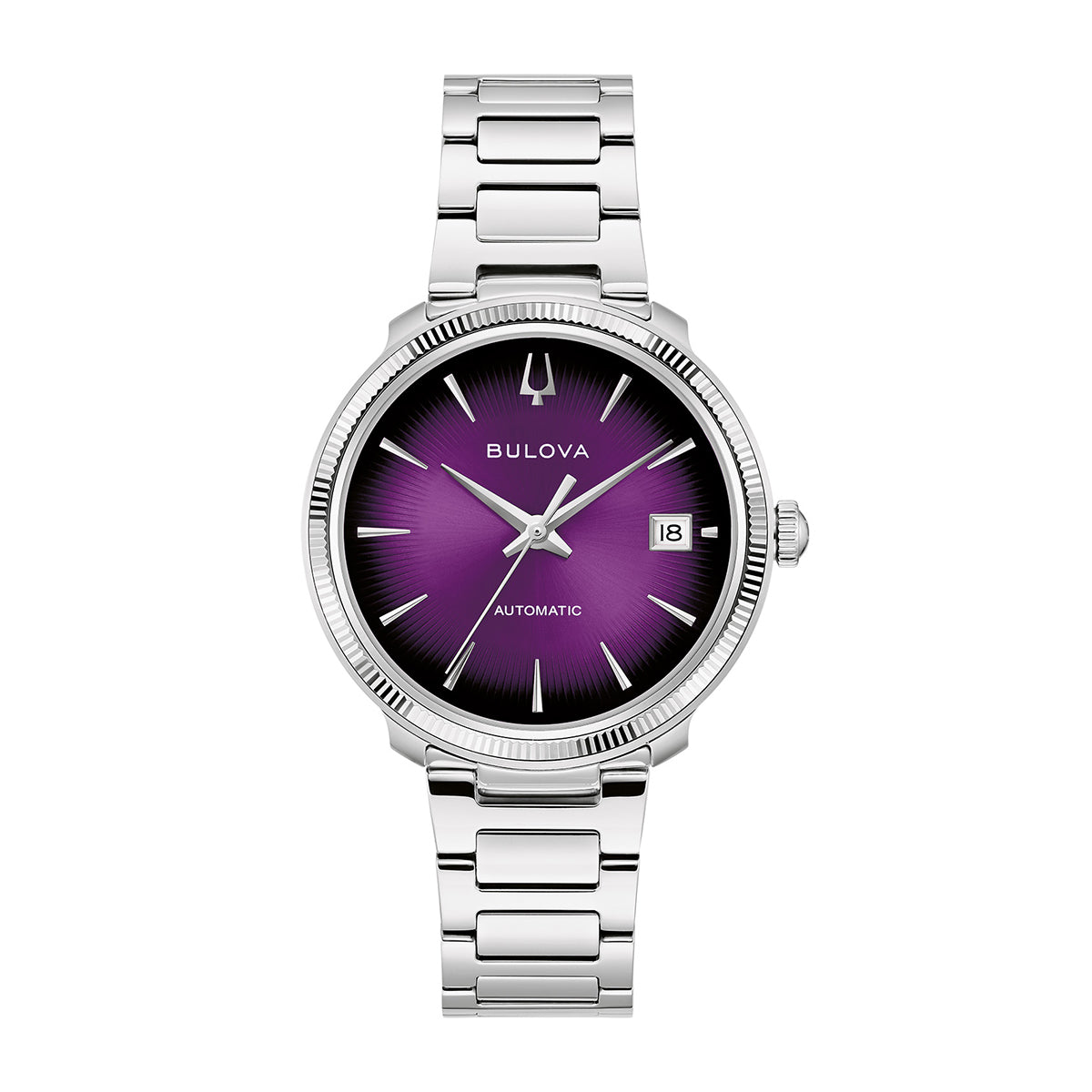 stainless steel men's bulova disco automatic watch with purple dial