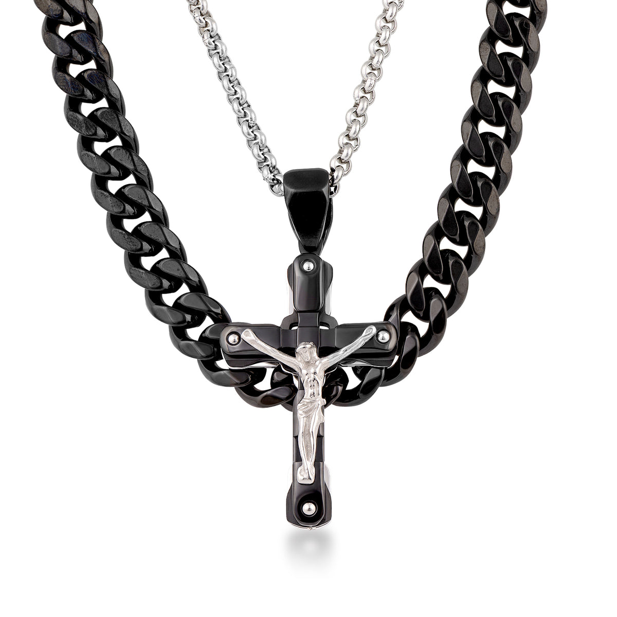 Black ion-plated stainless steel Cuban chain and crucifix pendant box set
