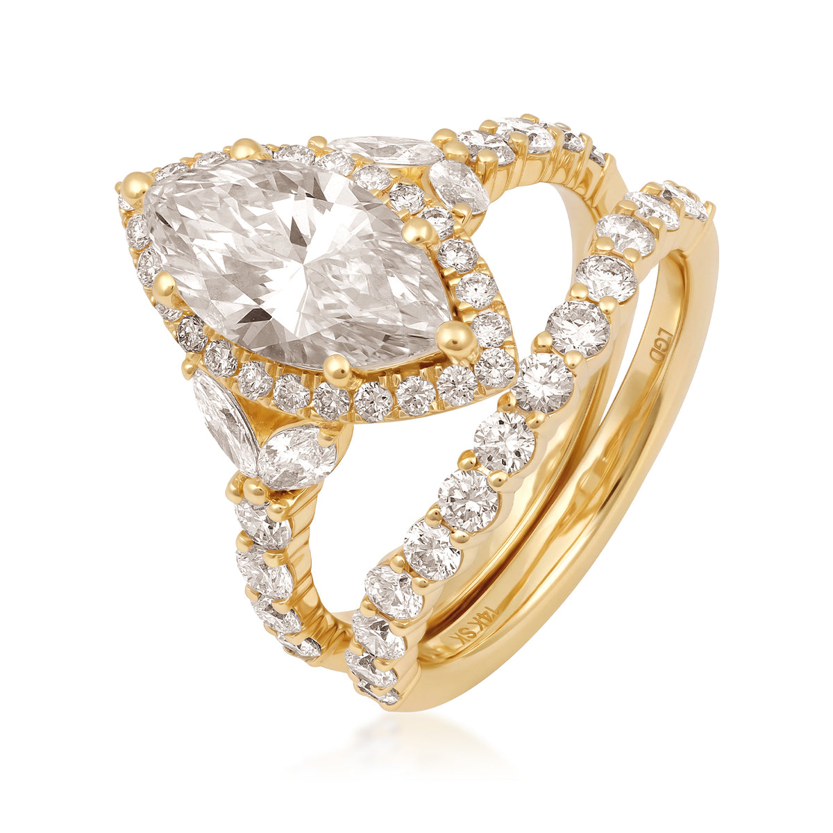 14K yellow gold Adamante 2 ct. lab-grown marquise diamond halo wedding set with 1-1/2 ct. tw. lab-grown diamond accents
