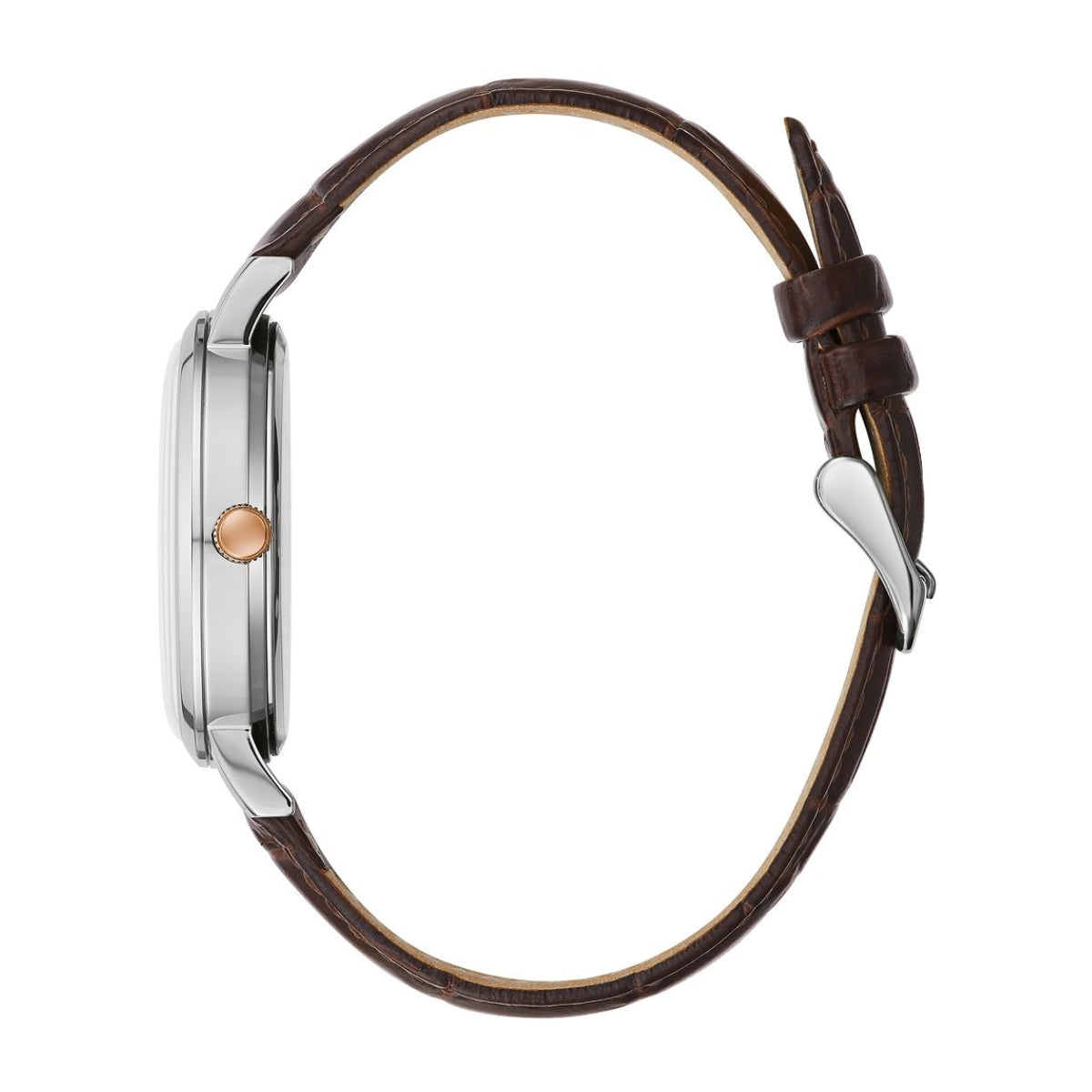 Caravelle Men's Dress Stainless Steel Watch with Silver Dial & Brown Leather Strap front view