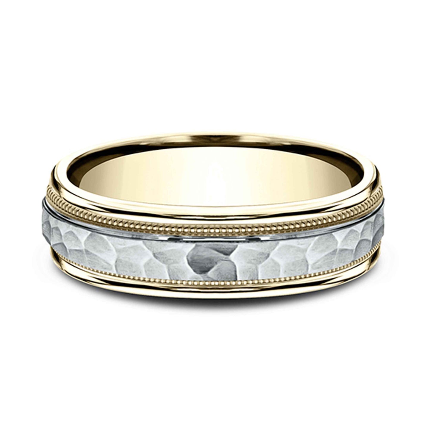 Benchmark Men's 6mm Wedding Band with Center Hammered Design in 14K White and Yellow Gold