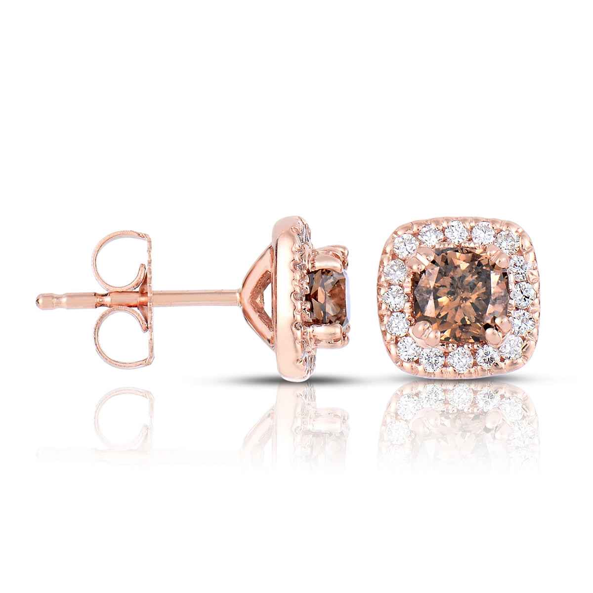 Mocha Lux 9/10 ct. tw. Cushion Cut Mocha and Round White Diamond Halo Earrings in 14K Pink Gold