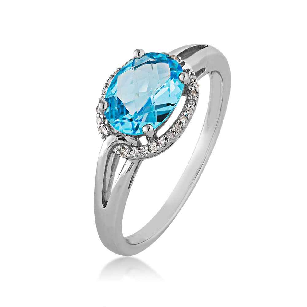 Swiss Blue Topaz and Diamond Ring in 10 Kt. White Gold close-up detail