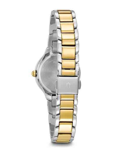 Bulova Classic Collection Ladies' White Dial Watch with Roman Numeral Accent in Two-Tone Stainless Steel close-up detail