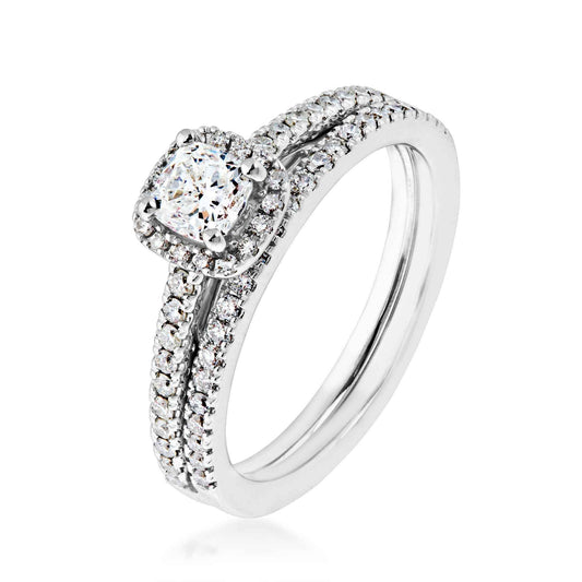 Natural 7/8 ct. tw. Cushion Diamond Halo Wedding Set in 14K White Gold close-up detail