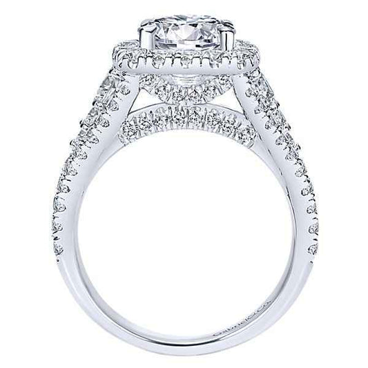 Gabriel & Co. 1.63 ct. tw. Round Halo Semi-Mount Engagement Ring with Tapered Side Diamond Band in 14K White close-up detail