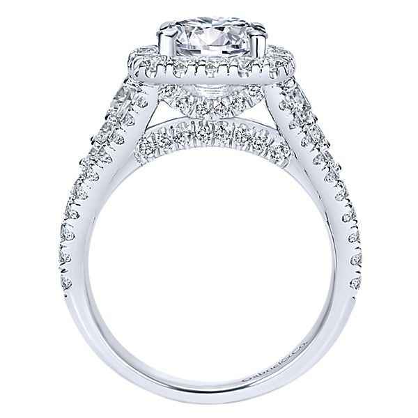 Gabriel & Co. 1.63 ct. tw. Round Halo Semi-Mount Engagement Ring with Tapered Side Diamond Band in 14K White close-up detail