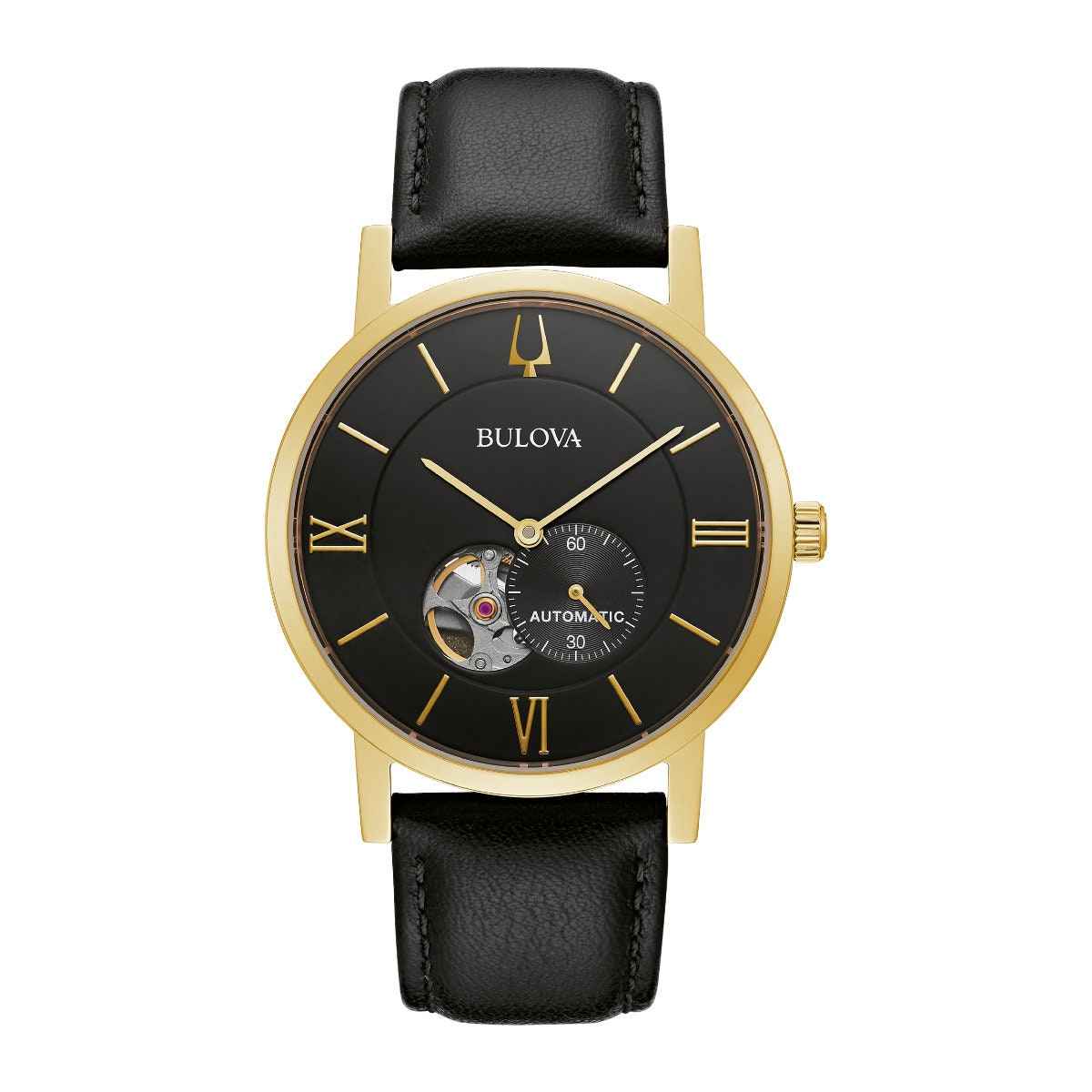Bulova Men's American Clipper Stainless Steel Watch with Black Dial and Leather Strap