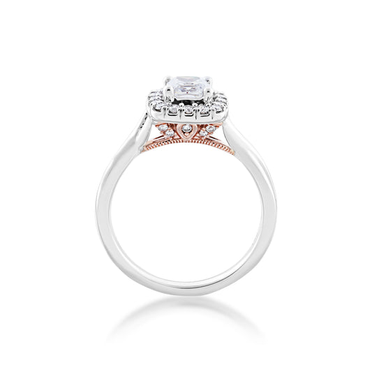 Noventa 1-1/8 ct. tw. Cushion Cut Diamond Halo Wedding Set with Twist Band in 14K White & Pink Gold side profile