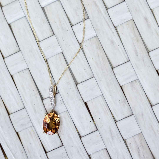 Genuine Oval Citrine & Diamond Dangle Pendant in 10K Yellow Gold front view