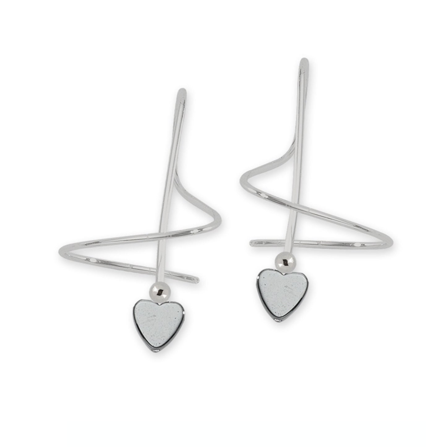 Single Spiral Hematite Heart Earrings In Rhodium-Plated Sterling Silver