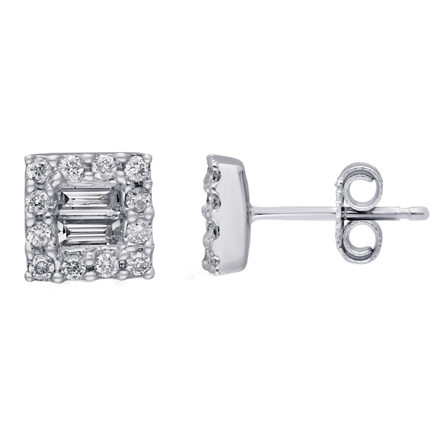 Kallati 1/3 ct. tw. Baguette & Round Diamond Square Halo Earrings in 14K White Gold
