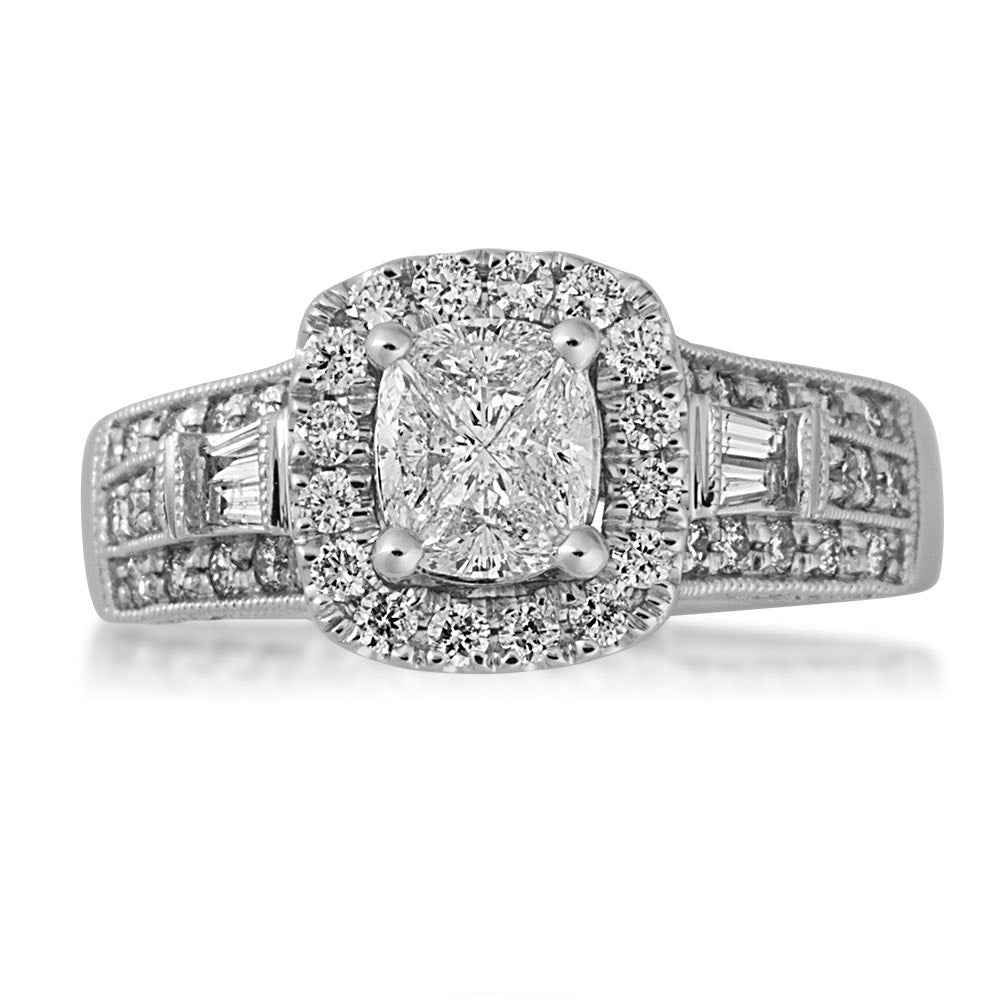 1-1/2 ct. tw. Cushella Diamond Halo Engagement Ring with Side Baguette and Milgrain Design in 14K White Gold close-up detail