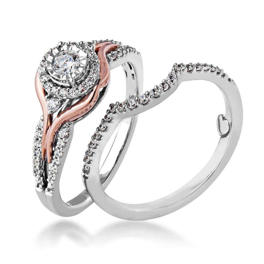True Promise 3/8 ct. tw. Round Brilliant Diamond Halo Wedding Set in 10K White & Pink Gold close-up detail
