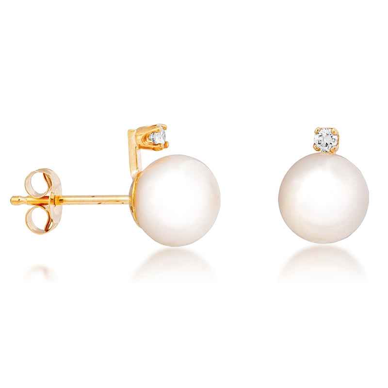 Ladies' 8mm Pearl and Diamond Stud Earrings in 14K Yellow Gold