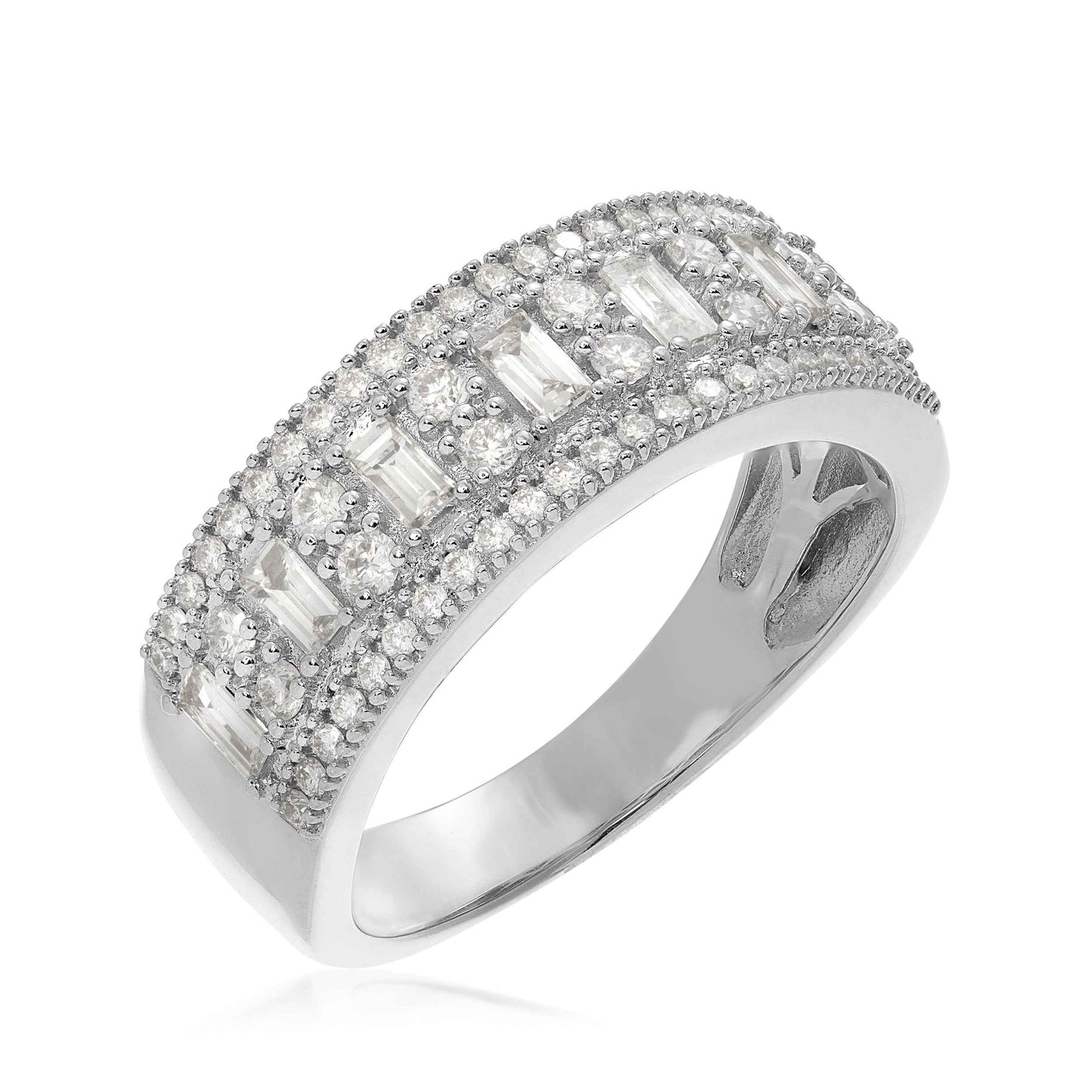 3/4 ct. tw Diamond 3-Row Anniversary Band with Alternating Round and Emerald Cut Center Stones in 14k White Gold front view