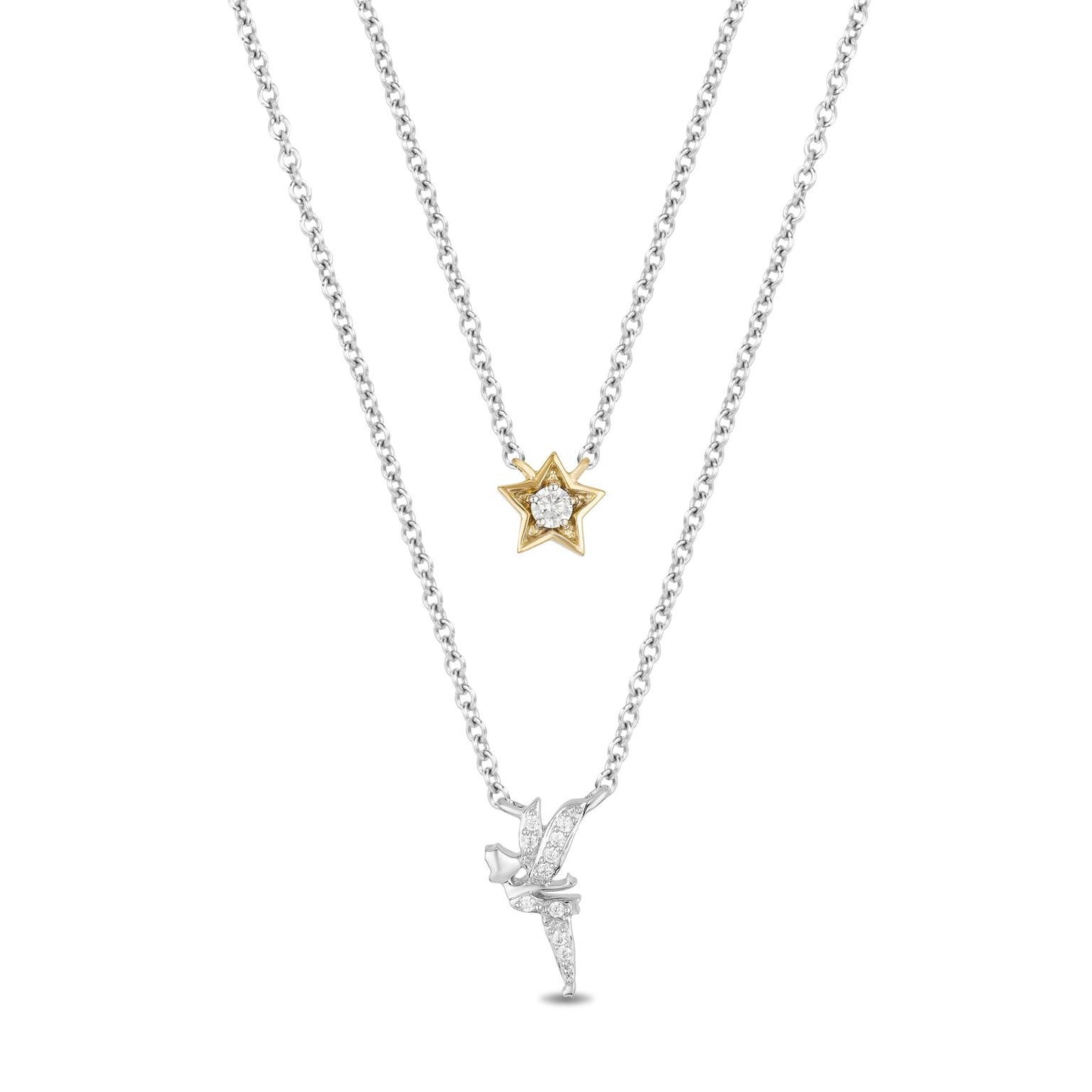 Enchanted Disney 1/10 ct. tw. Tinkerbell with Star Double-Layered Necklace in Sterling Silver and 10K Yellow Gold
