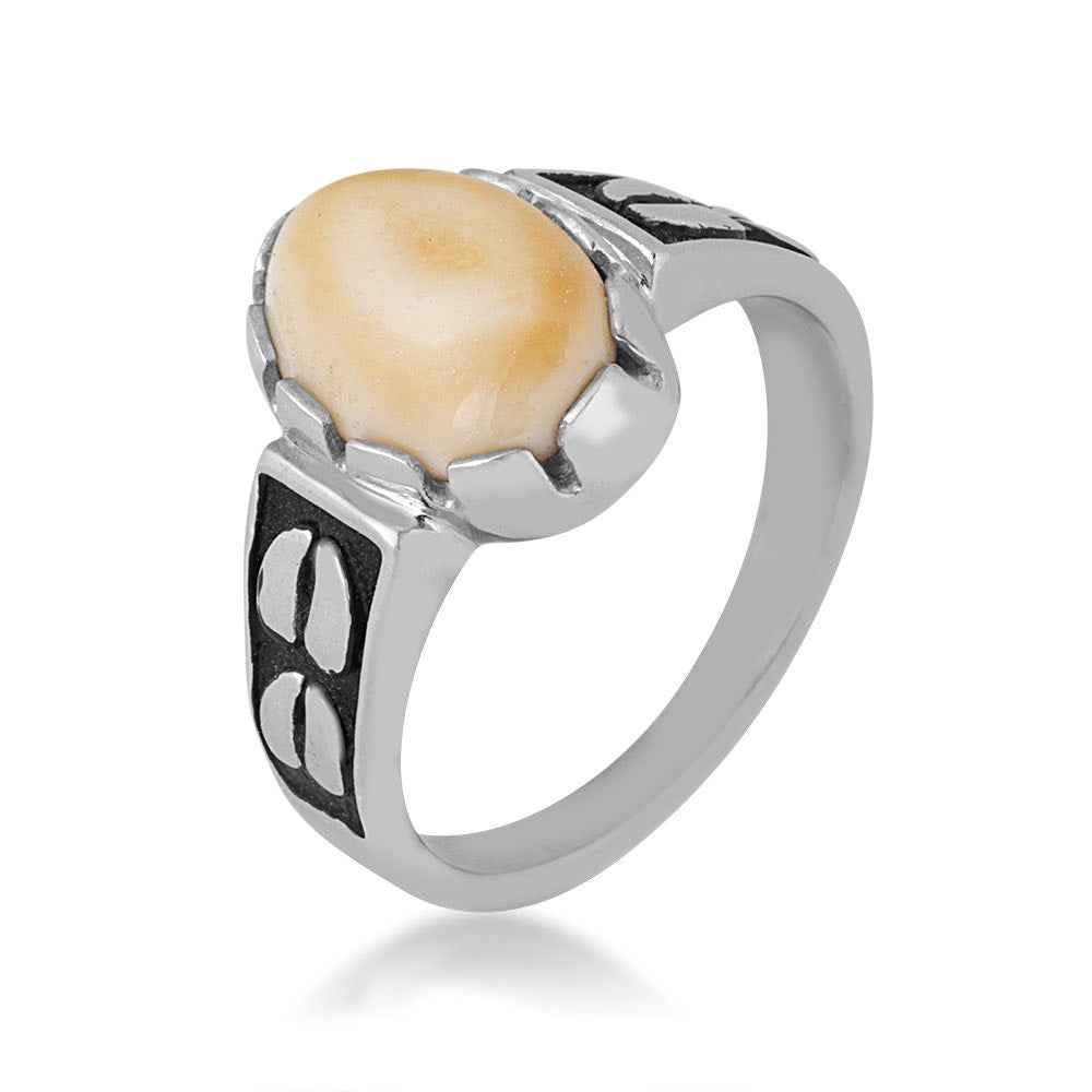 Ladies' Elk Ivory Cabochon Cut Ring with Track & Black Enamel Accented Band in Sterling Silver close-up detail